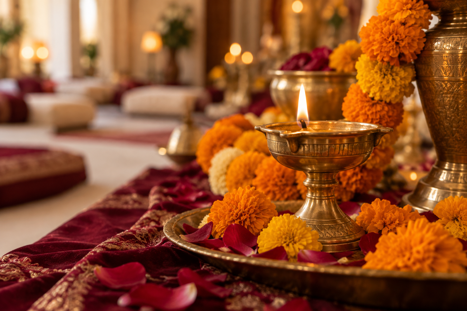 A lit brass diya surrounded by marigolds and rose petals on burgundy fabric, with a softly lit gathering space beyond.